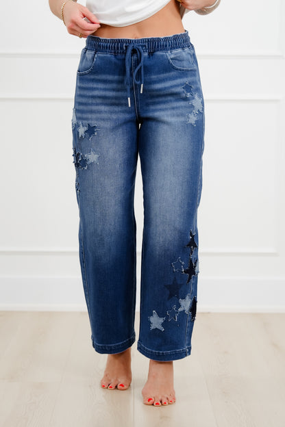 Risen Dark Wash Elastic Waistband Slouchy Barrel Star Patch Jeans