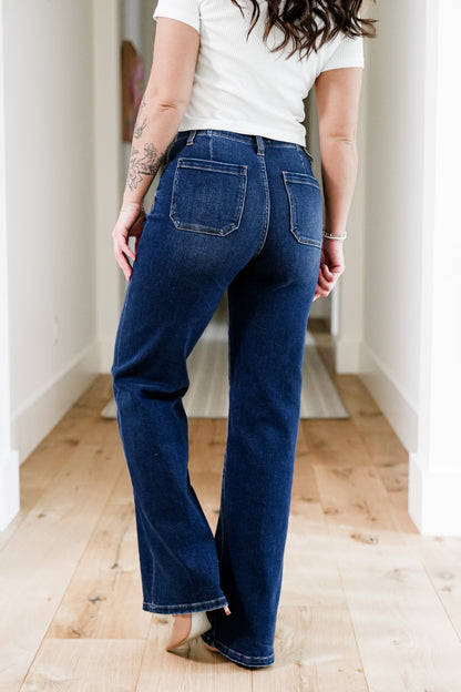 Risen High Rise Dark Wash Wide Leg Jeans with Front Tie