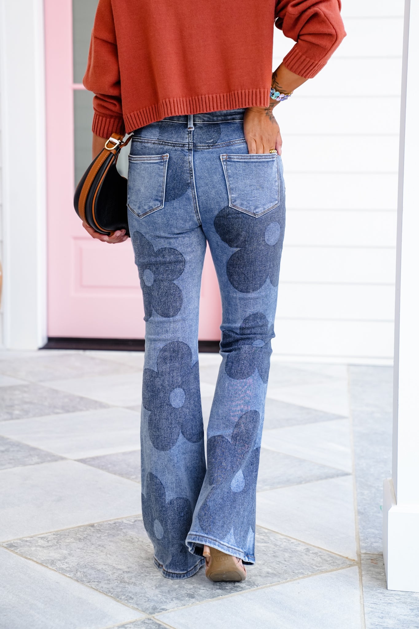 Medium Wash Retro Flower Print Boot Cut Jeans