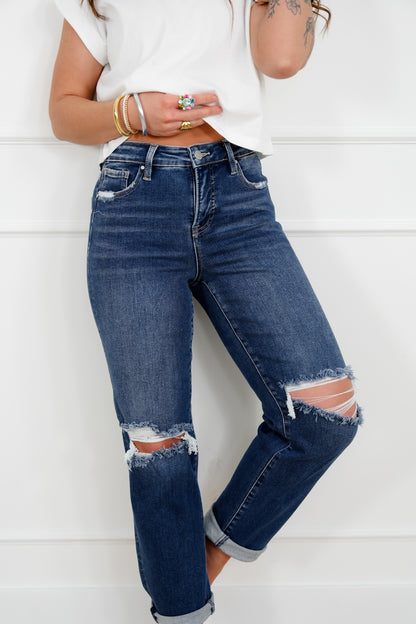 Risen High Rise Dark Wash Tummy Control Distressed Girlfriend Jeans