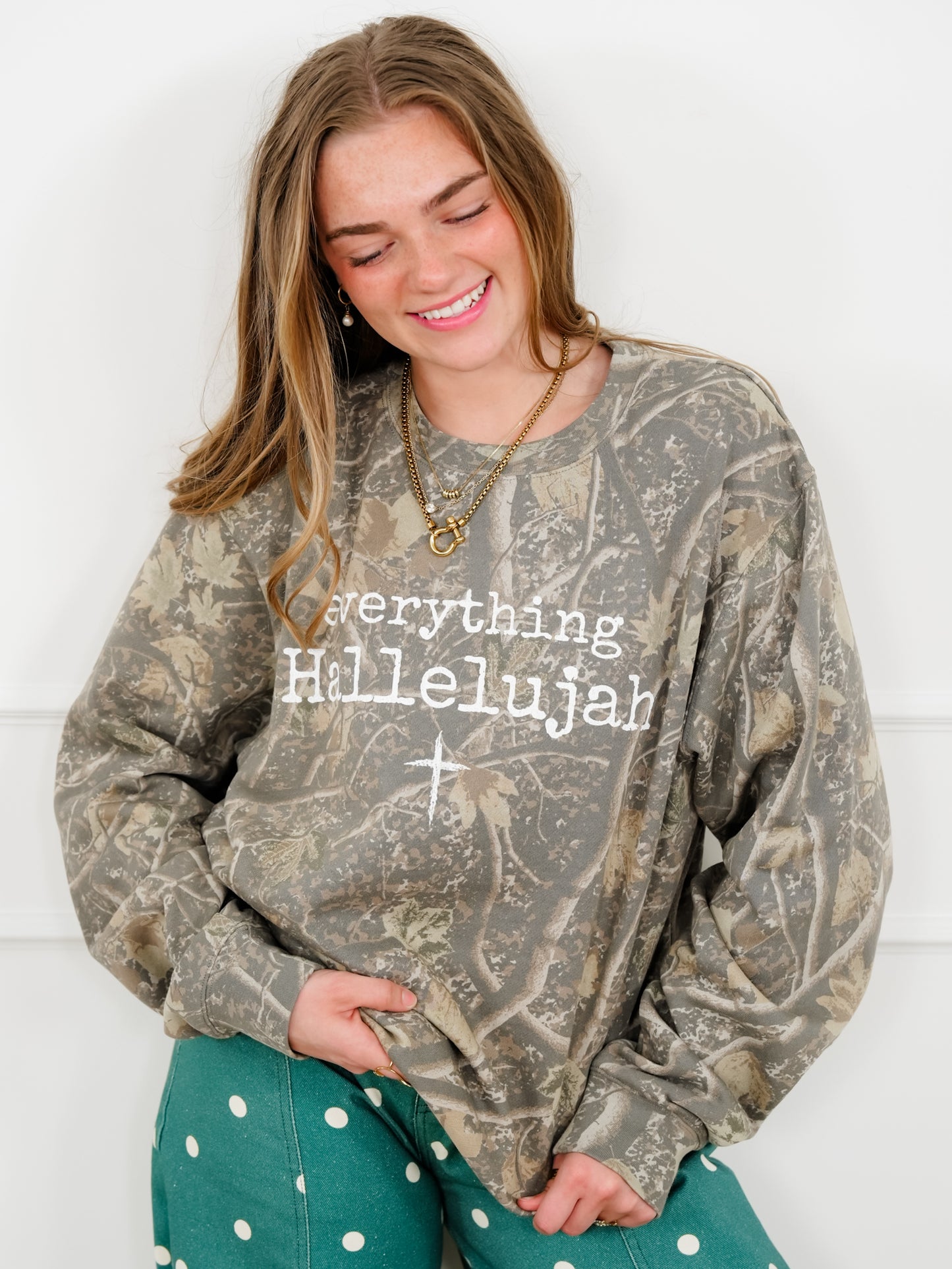 Plus/Reg Camo Long Sleeve "Everything Hallelujah" Graphic Sweatshirt