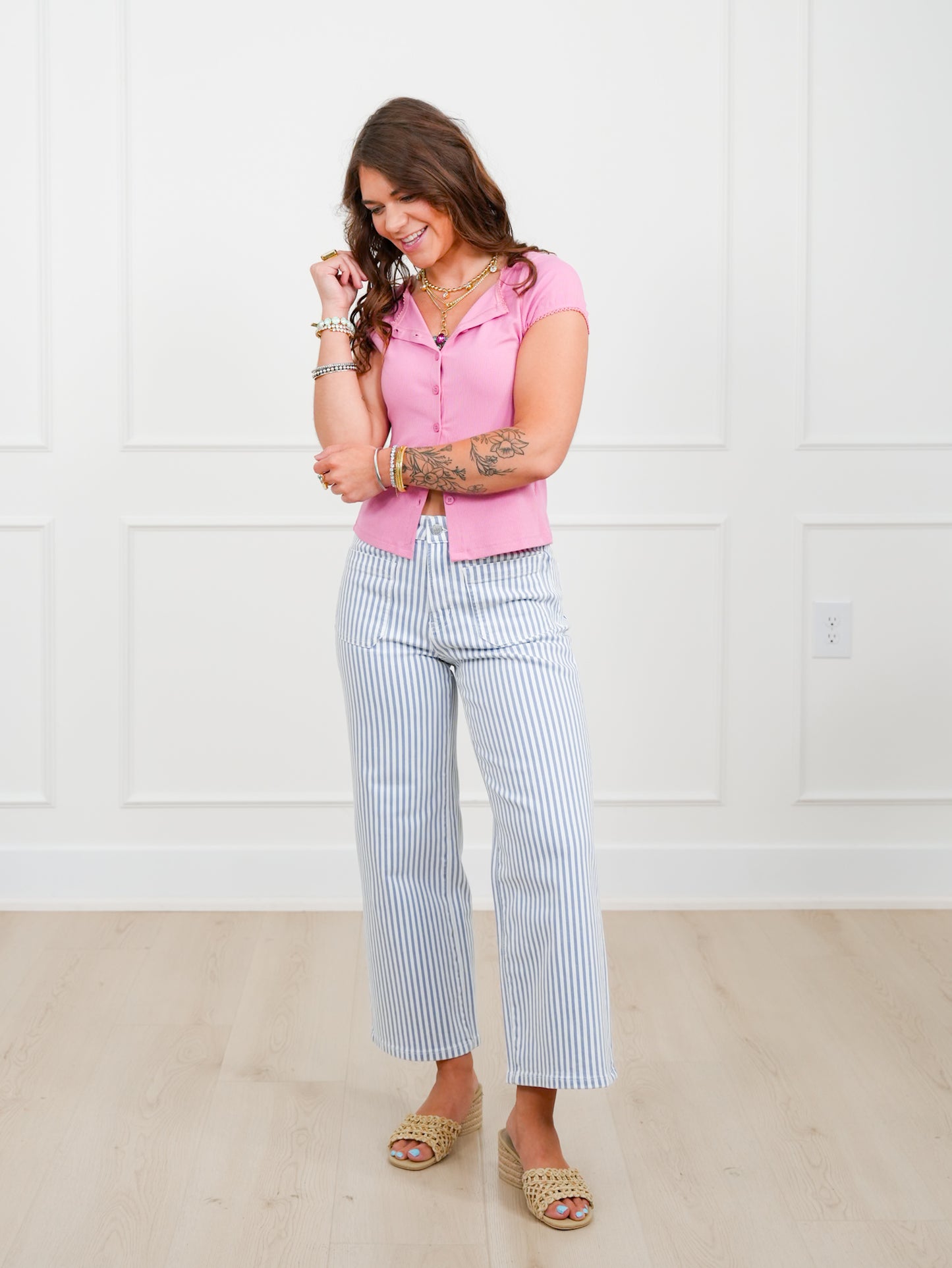 Mica High Rise Blue Striped Cropped Wide Leg Jeans