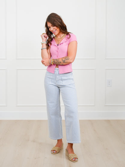 Mica High Rise Blue Striped Cropped Wide Leg Jeans