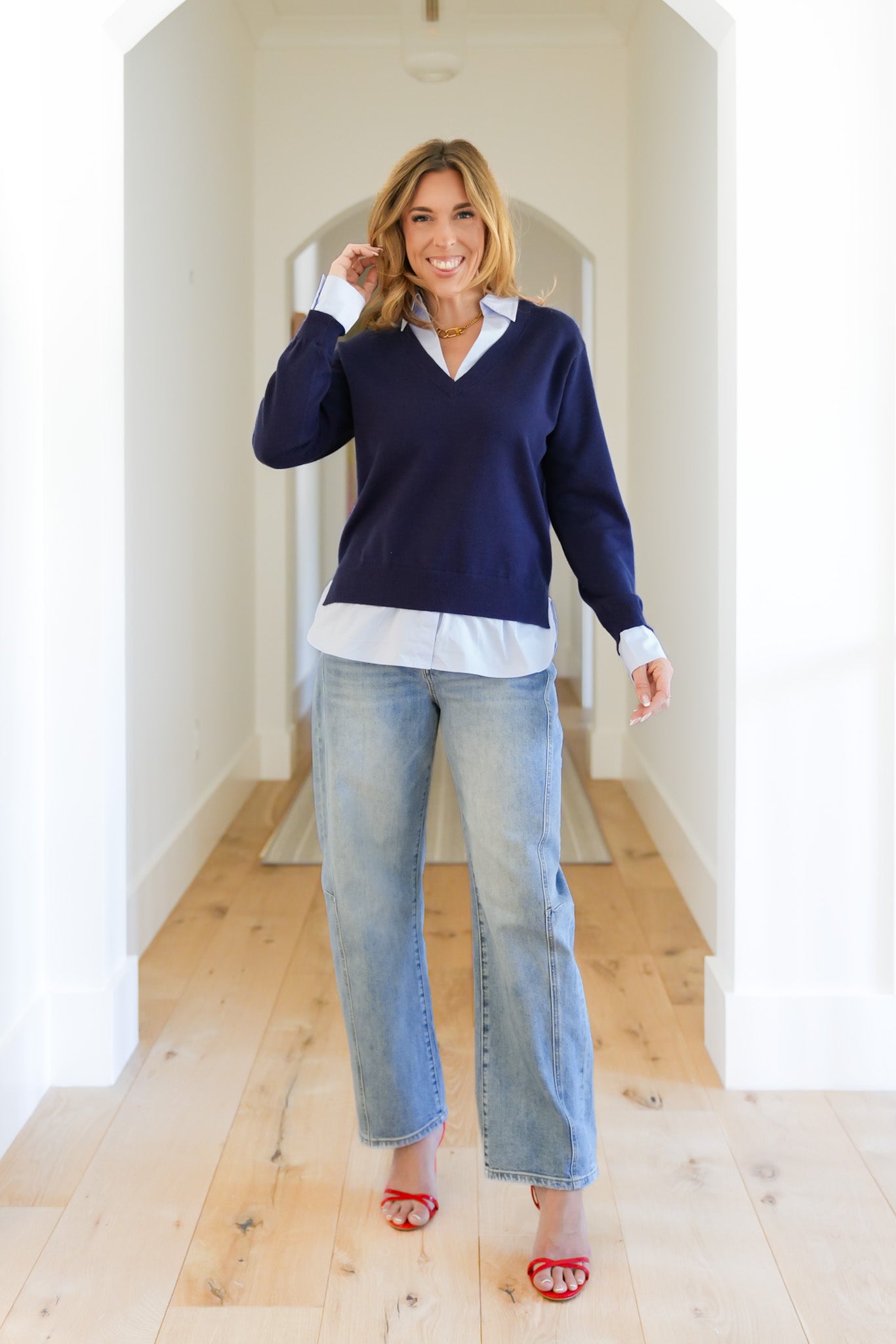 Layered Look Shirt with Long Sleeve V Neck Sweater