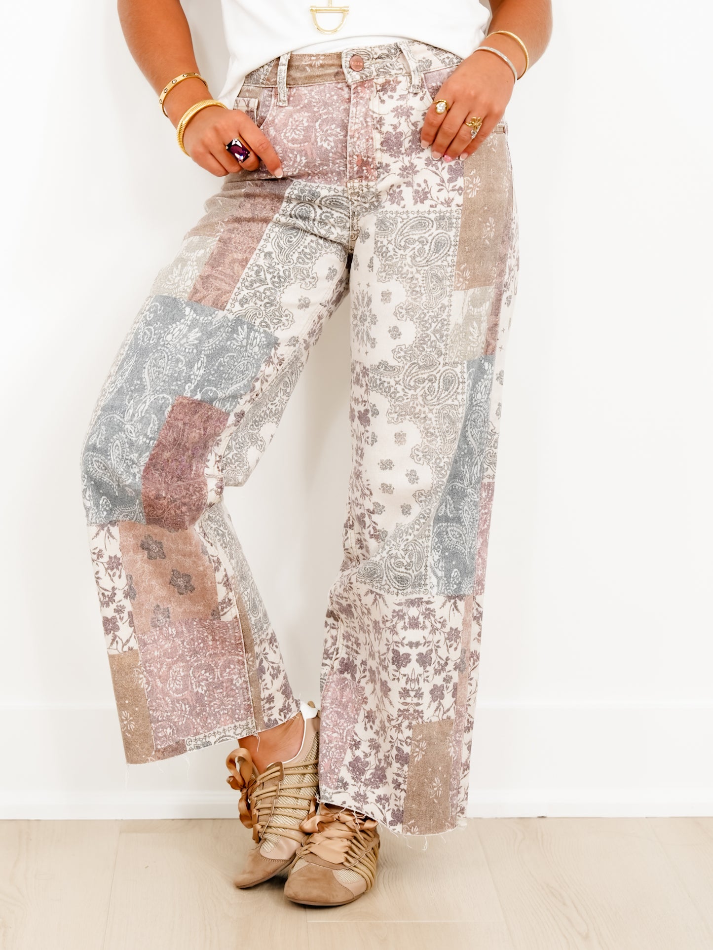 Risen High Rise Paisley Patchwork Wide Leg Ankle Jeans