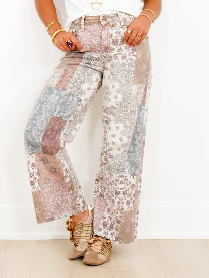 Risen High Rise Paisley Patchwork Wide Leg Ankle Jeans