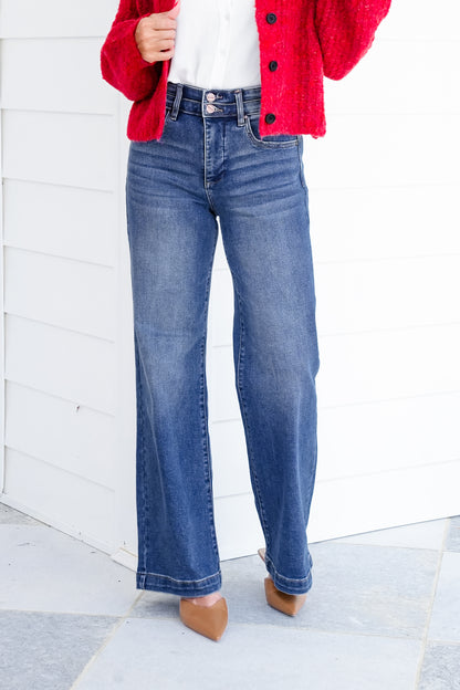 Restock! Risen Material Girl High Rise Medium Wash Tummy Control Double Button Elastic Waistband Jeans