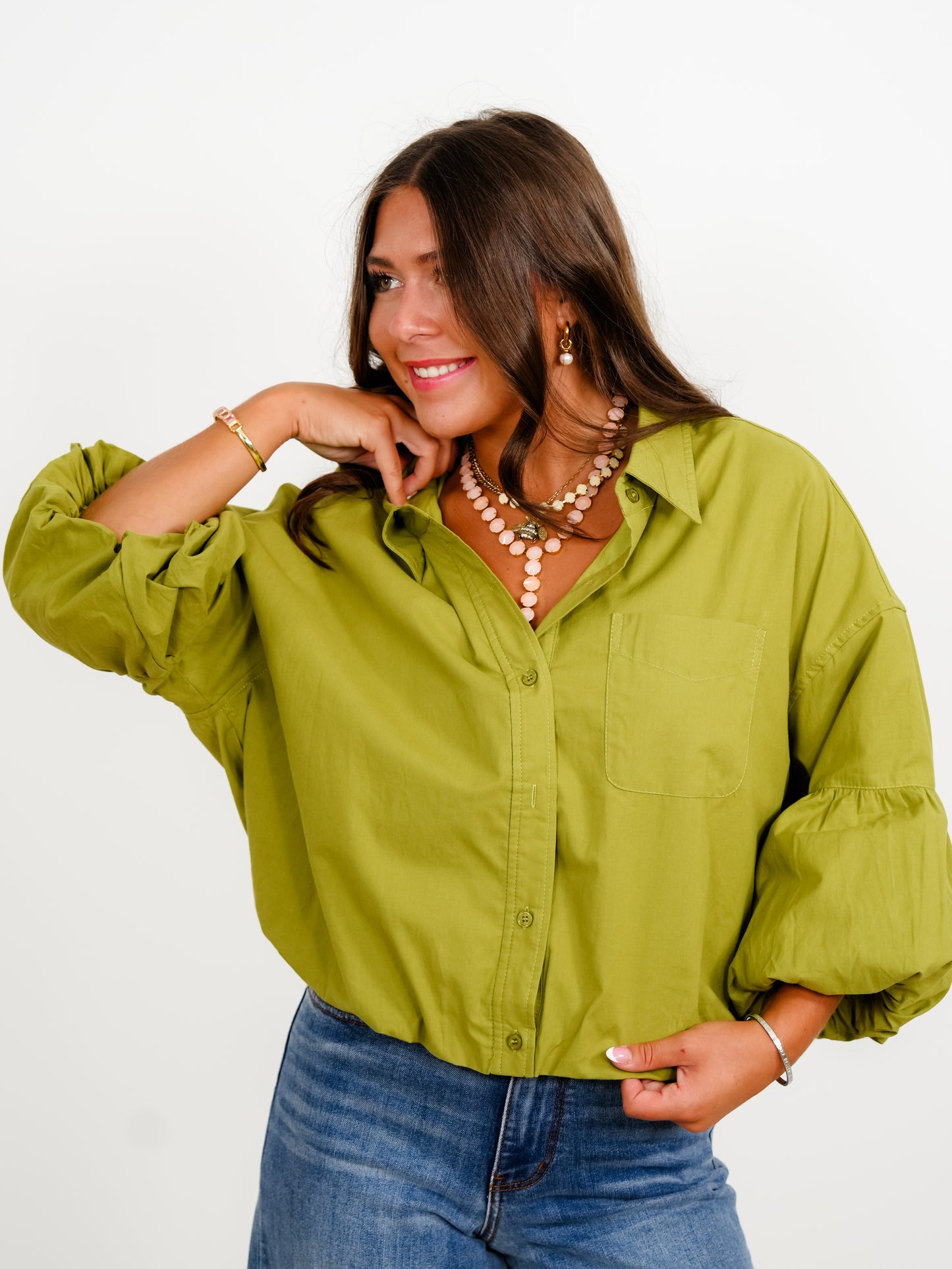 Solid Knit Collared Button Down Long Bubble Sleeve Top