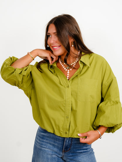 Solid Knit Collared Button Down Long Bubble Sleeve Top
