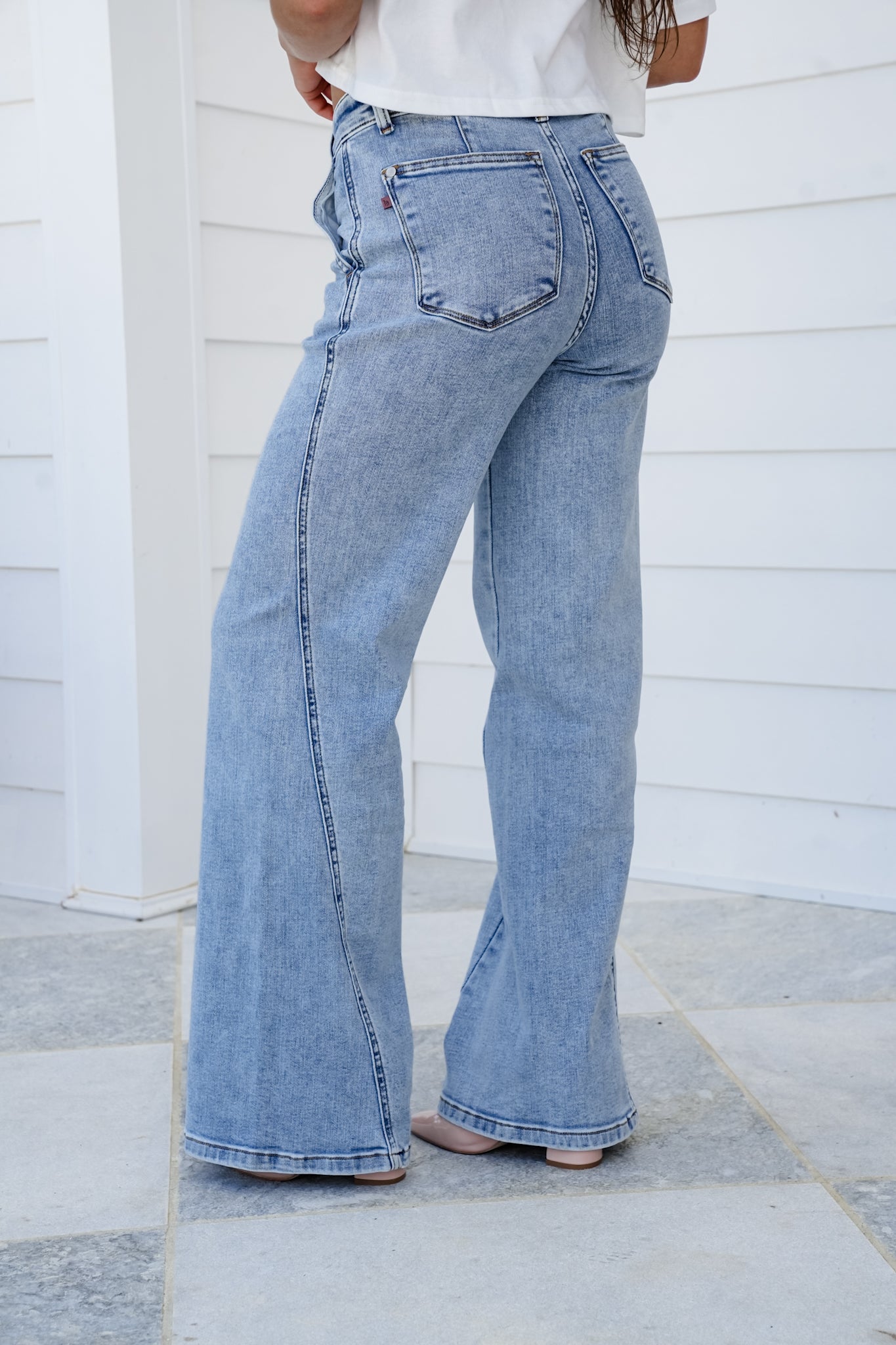 Judy Blue High Rise Light Wash Retro Wide Leg Jean with Skewed Inseam