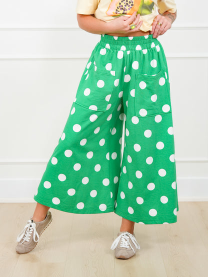 Plus/Reg Green Polka Dot Elastic Waist Wide Leg Pants