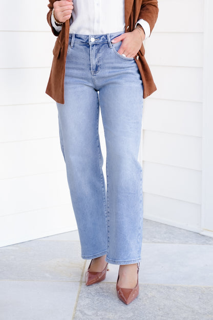 Risen High Rise Light Wash Cuffed Barrel Jeans