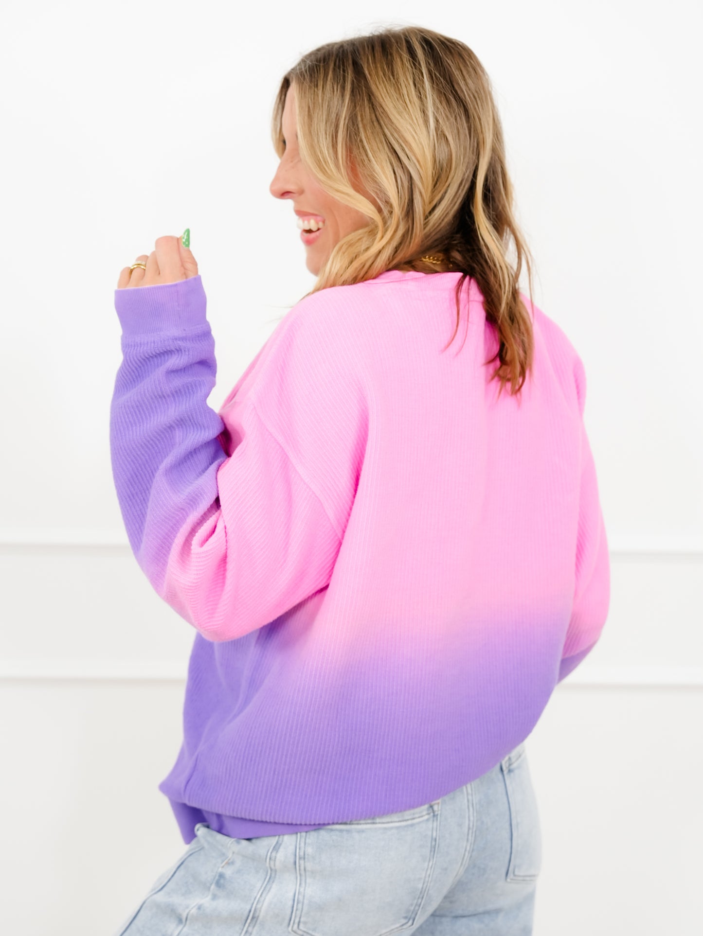 Plus/Reg Dip Dyed Corded Long Sleeve Pullover Top