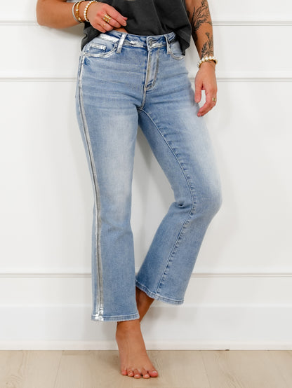 Judy Blue Mid Rise Light Wash Kick Flare Jeans with Foiled Seams