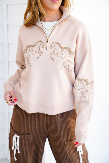 Embroidered Horses Long Sleeve Half-Zip Pullover Sweater