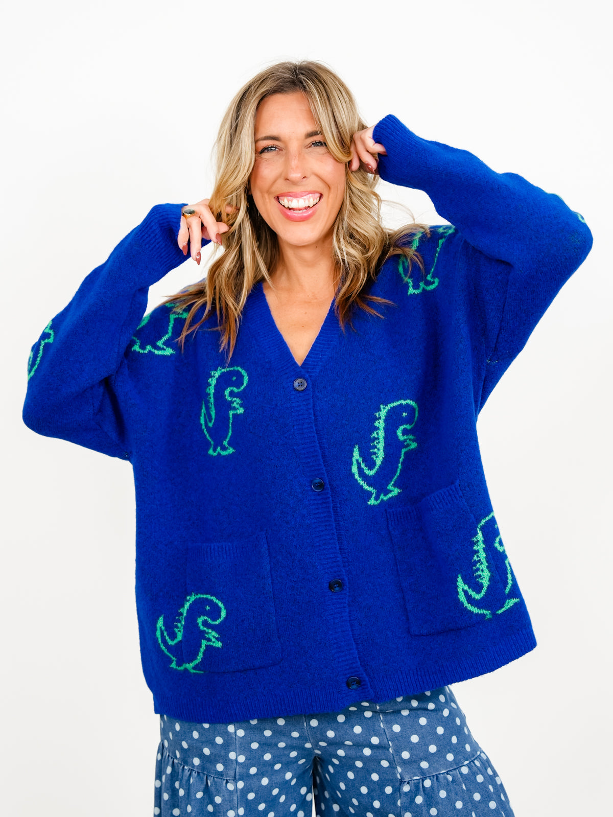 Plus/Reg Dinosaur Pattern Button Down Cardigan With Pockets