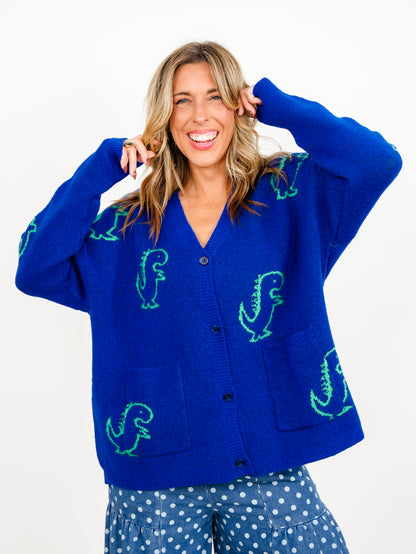Plus/Reg Dinosaur Pattern Button Down Cardigan With Pockets