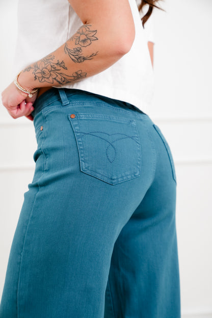 Judy Blue Mid Rise Teal Utility Pocket Wide Leg Jeans