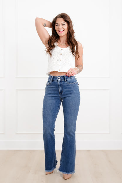 Judy Blue The Delilah High Rise Medium Wash Double Button Frayed Hem Bootcut Jeans