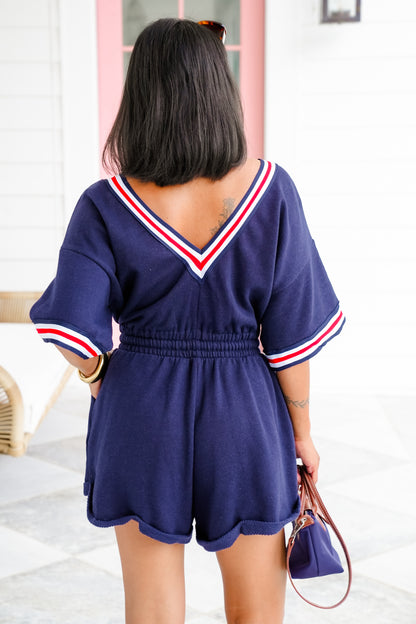 Short Sleeve Terry Romper with Stripe Trim Detail
