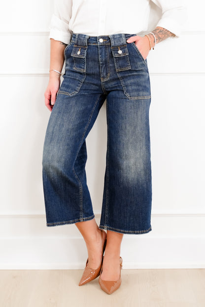 Judy Blue High Rise Dark Crop Wide Leg Jeans with Utility and Patch Pockets