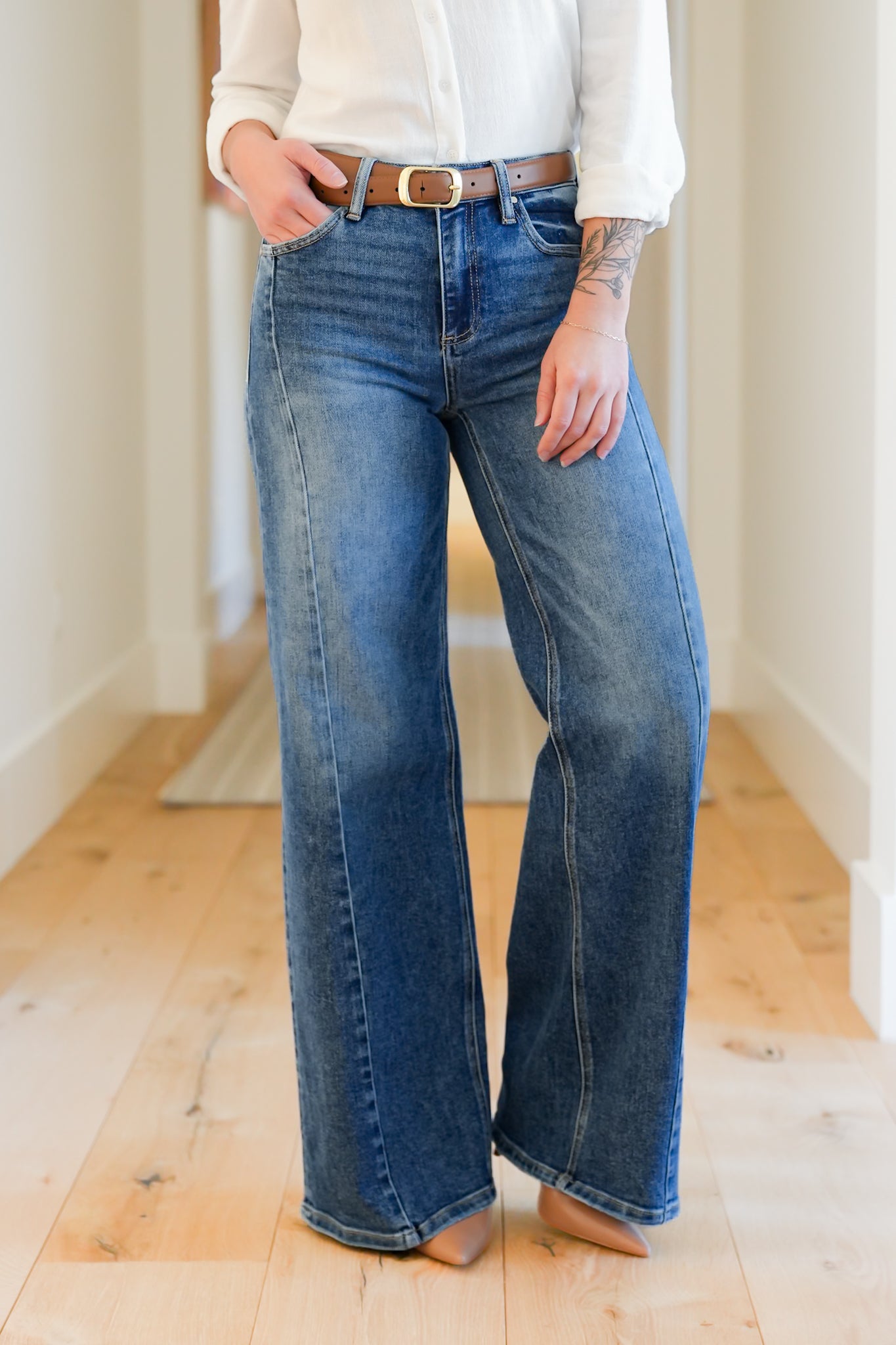 Risen Multi Inseam Dark Wash Wide Leg Seam Front Jeans