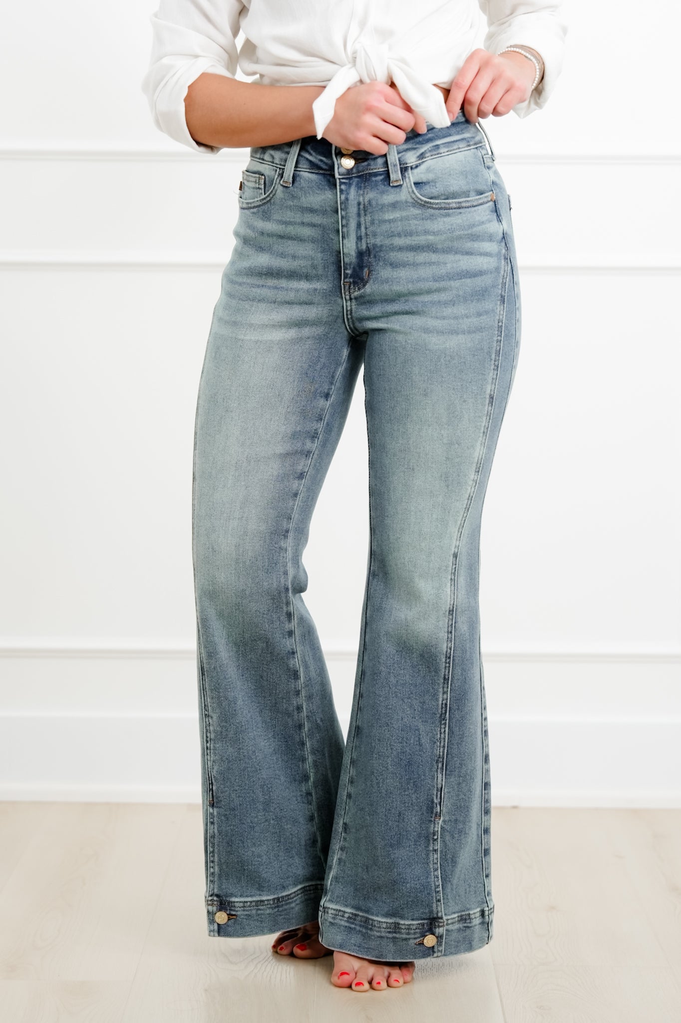 Judy Blue High Rise Medium Vintage Wash Flare Jeans with Button Hem