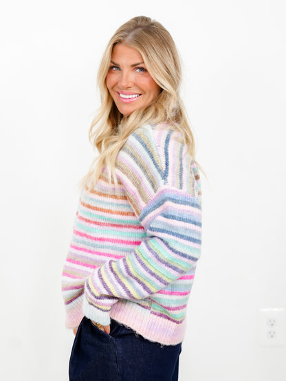 Multi Color Stripe Long Sleeve Mock Neck Sweater - Freckled Poppy