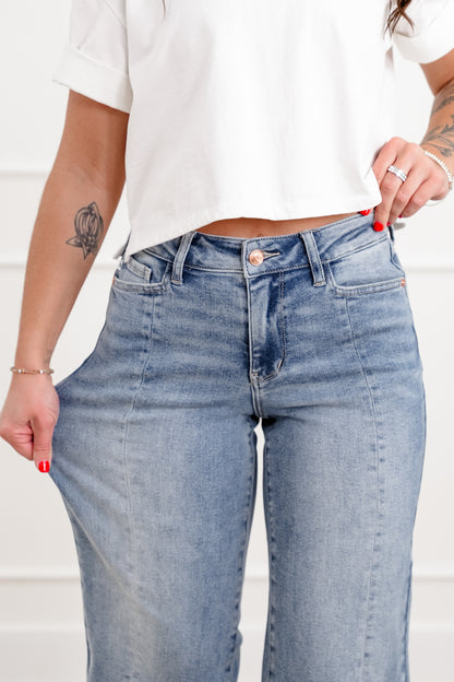 Judy Blue The Carolina Mid Rise Light Wash Crop Wide Leg Jeans with Center Seam