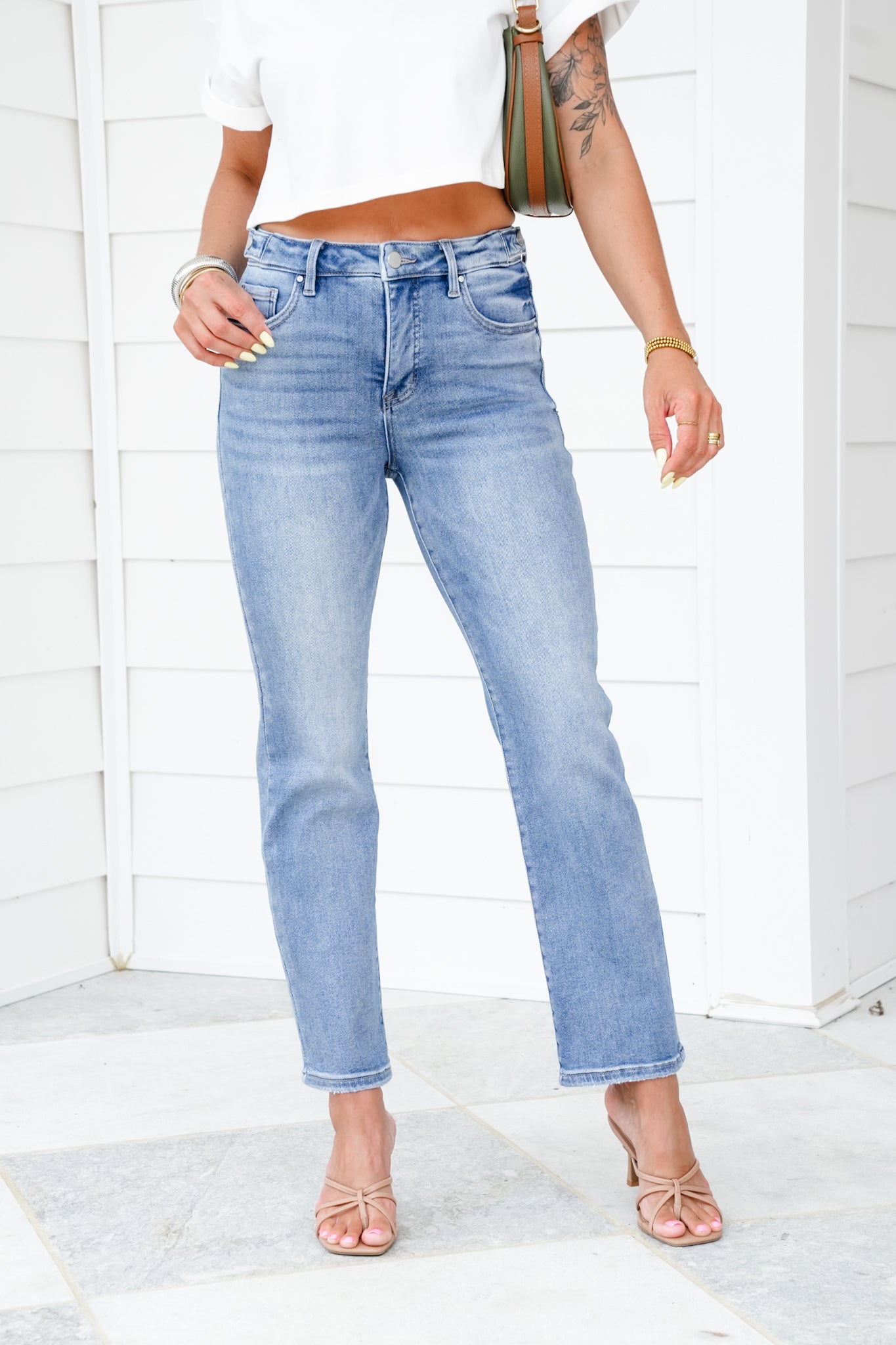 Risen High Rise Medium Wash Tummy Control Ankle Straight Leg Jeans with Adjustable Waistband