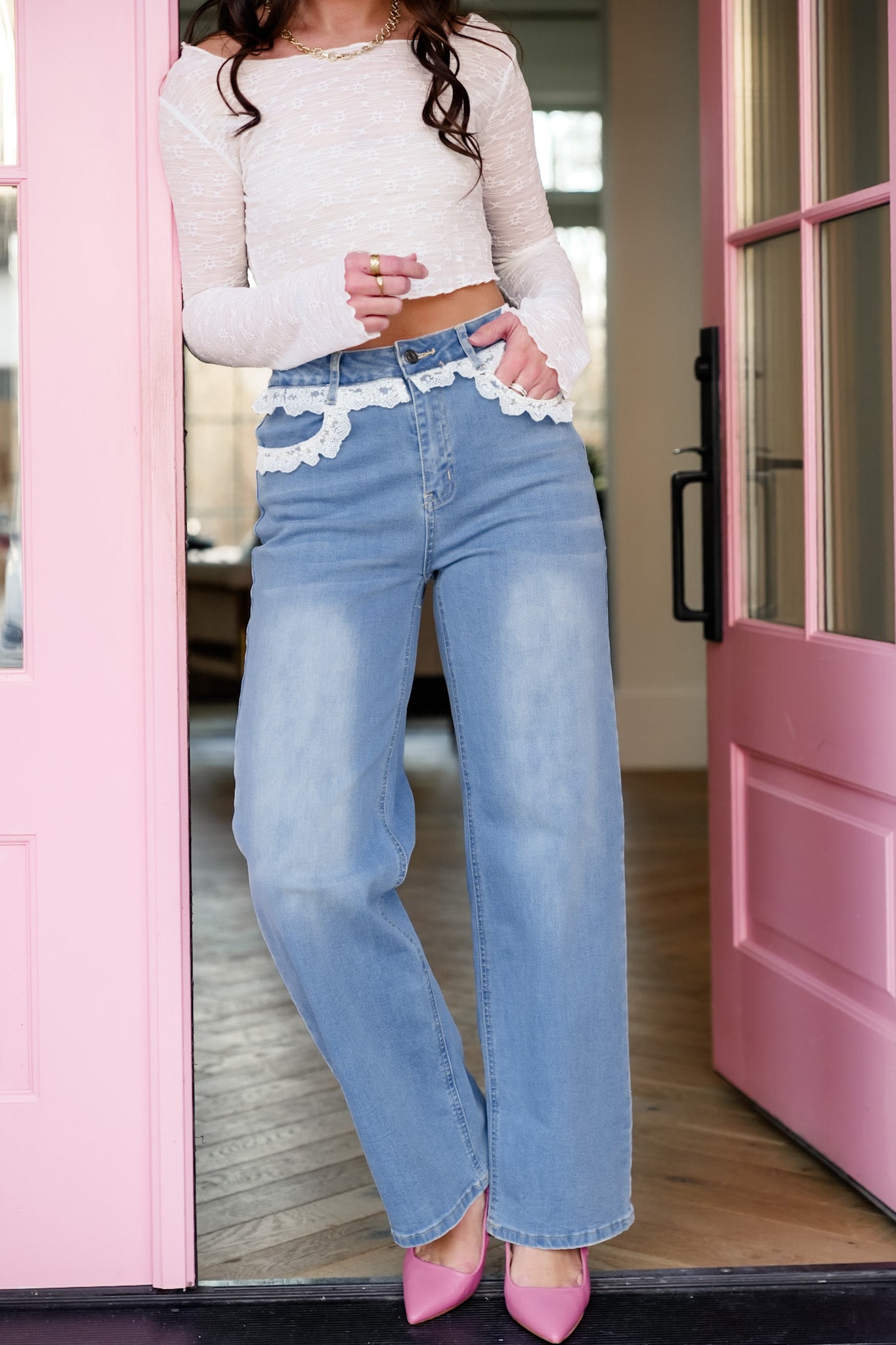 Lace Trim High Waist Straight Leg Jeans