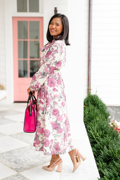 Floral Print Long Sleeve Tie at Waist Midi Dress