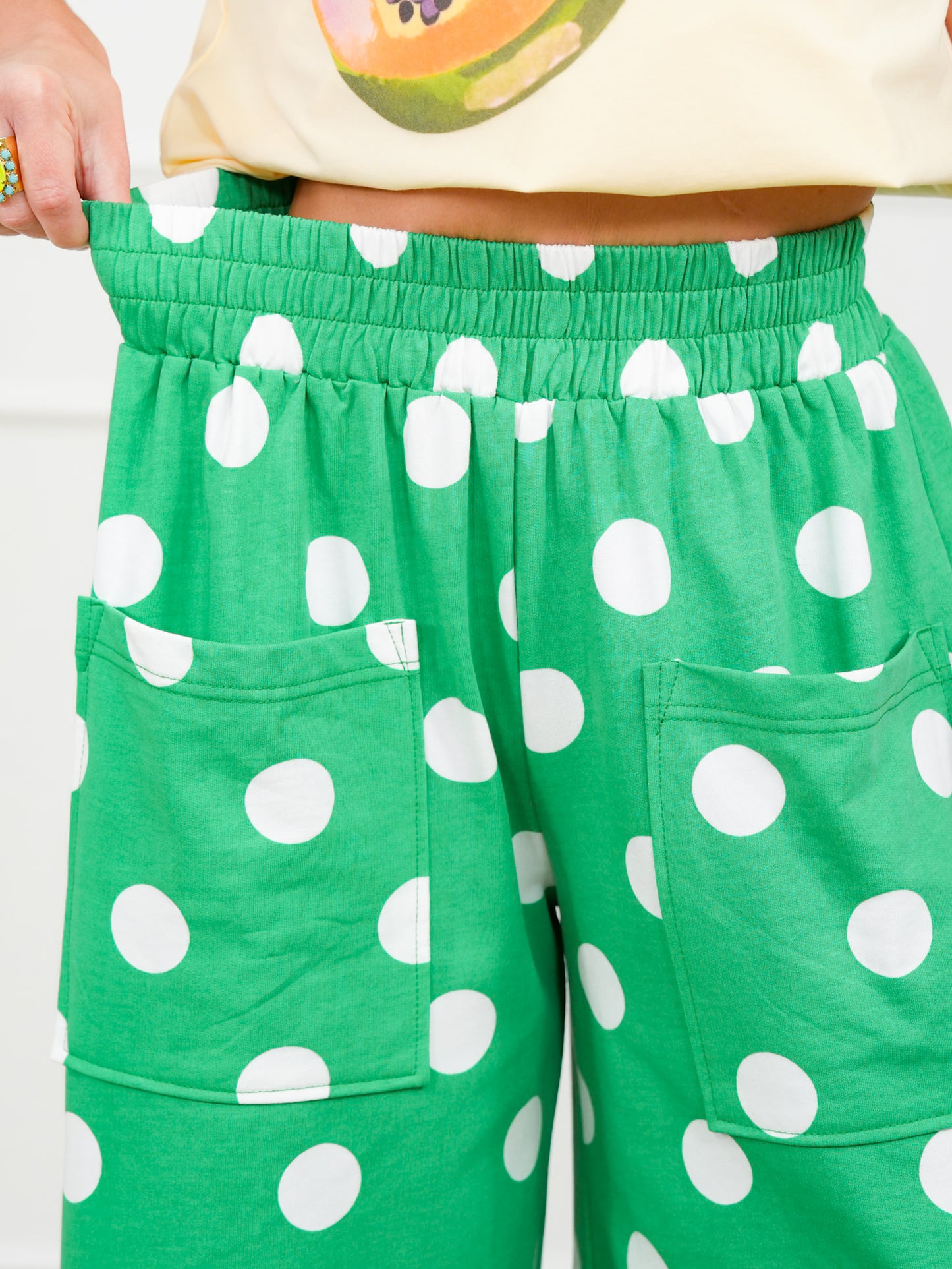 Plus/Reg Green Polka Dot Elastic Waist Wide Leg Pants