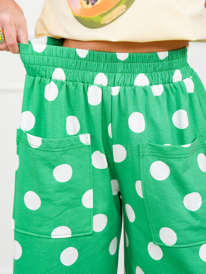 Plus/Reg Green Polka Dot Elastic Waist Wide Leg Pants