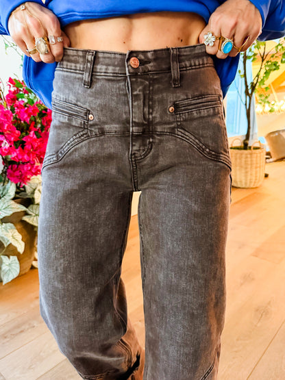 Saige High Rise Brown Tummy Control Barrel Jeans With Elastic Waistband