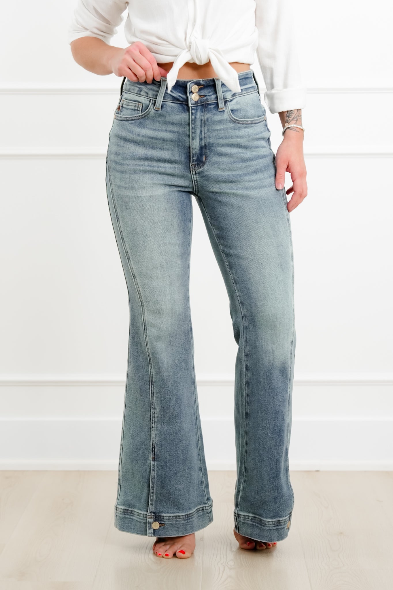 Judy Blue High Rise Medium Vintage Wash Flare Jeans with Button Hem