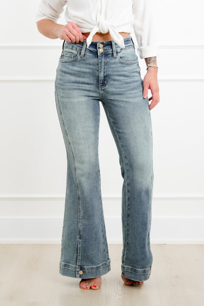 Judy Blue High Rise Medium Vintage Wash Flare Jeans with Button Hem