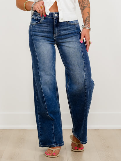 Restock! Risen The Willow Multi Inseam Dark Wash Wide Leg Seam Front Jeans