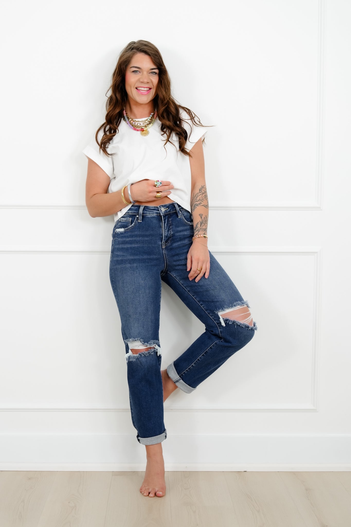 Risen High Rise Dark Wash Tummy Control Distressed Girlfriend Jeans