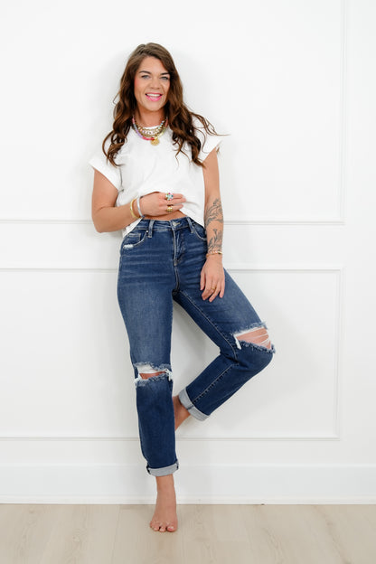 Risen High Rise Dark Wash Tummy Control Distressed Girlfriend Jeans