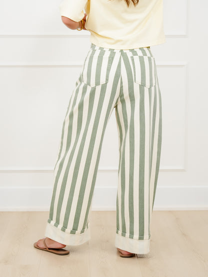 Stripe High Waist Cuffed Leg Barrel Pants
