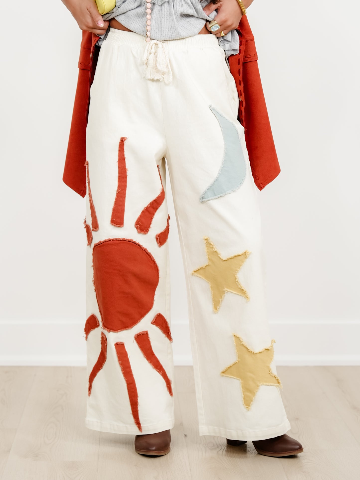 Elastic Waist Sun, Moon, & Stars Patch Wide Leg Pants