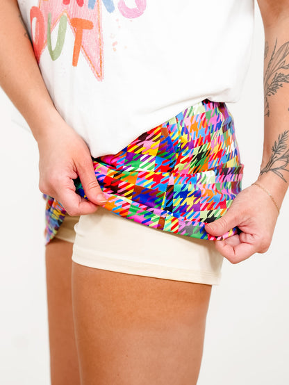 Plus/Reg Multi Color Houndstooth Print Elastic Waist Skort