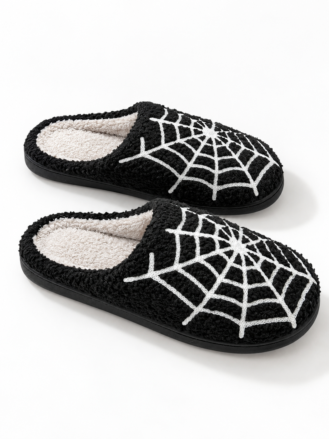 Plush Spiderweb Embroidered Slippers
