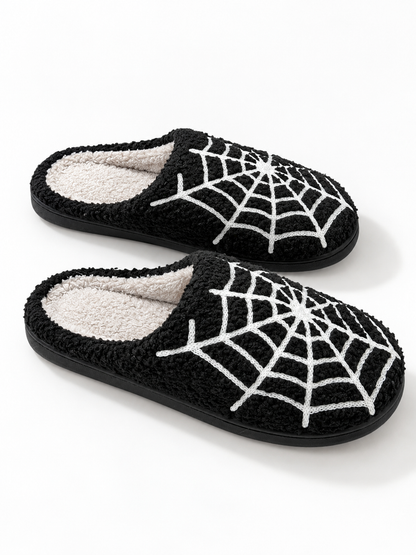 Plush Spiderweb Embroidered Slippers