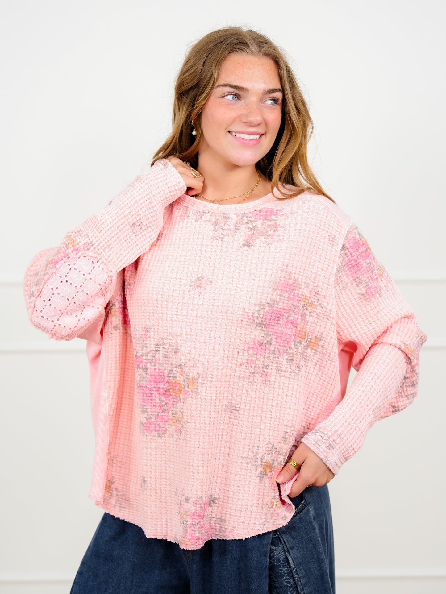 Pink Floral Long Sleeve Waffle Knit Top