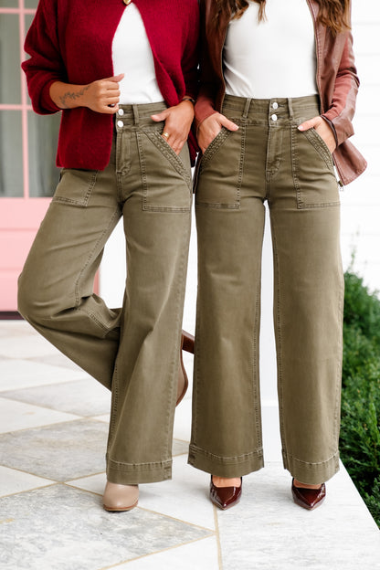 Mica High Rise Green Double Waistband Wide Leg Jeans