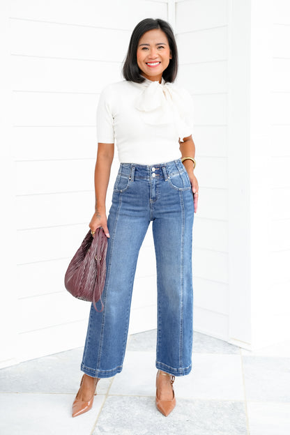 Risen The Statement Straight High Rise Medium Wash Ankle Wide Leg Jeans with Front Seam