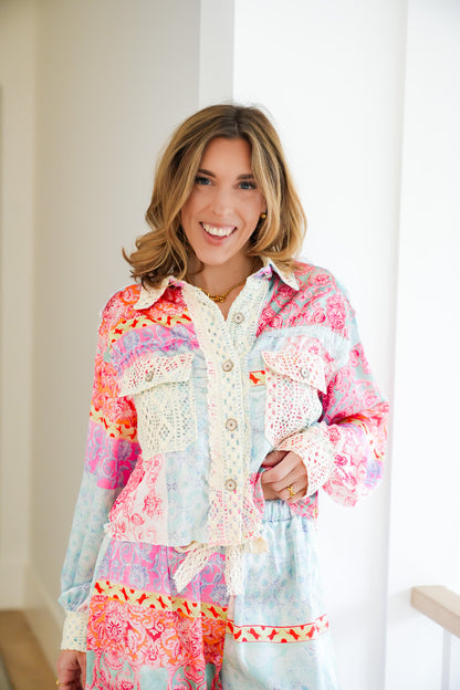 POL Multi Print Long Sleeve Button Down Top