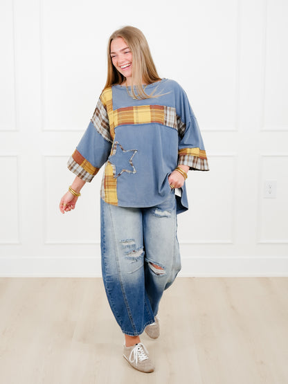 Plaid Mixed 3/4 Sleeve Top with Star Patch